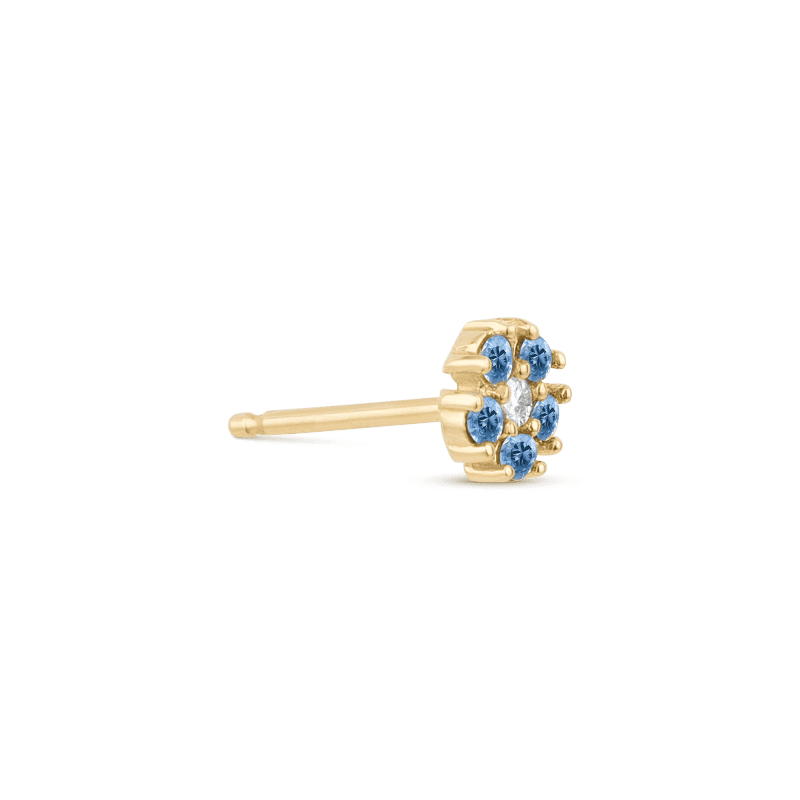 BLUE SAPPHIRE AND DIAMOND FLOWER STUD SIDE