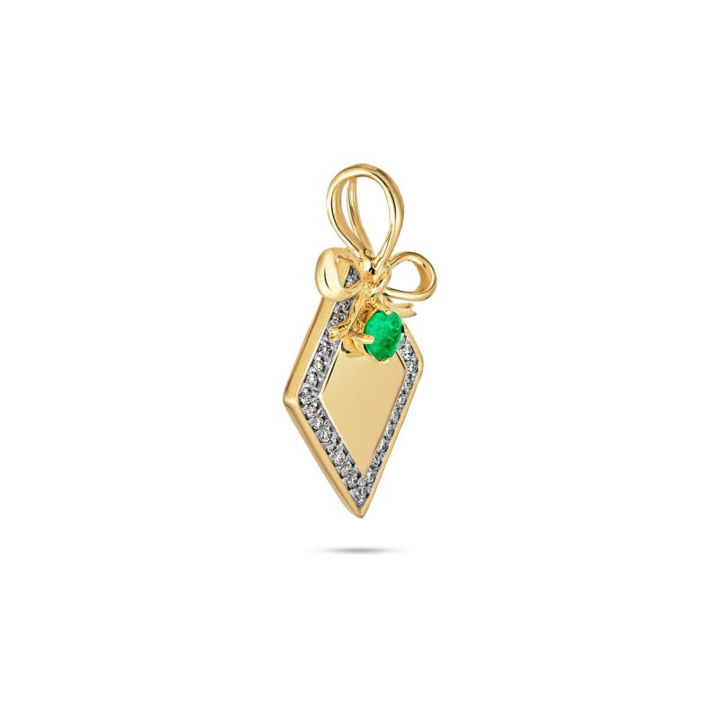 Stone and Strand 10K Yellow Gold Bow Nouveau Diamond and Emerald Tag Charm Side Image