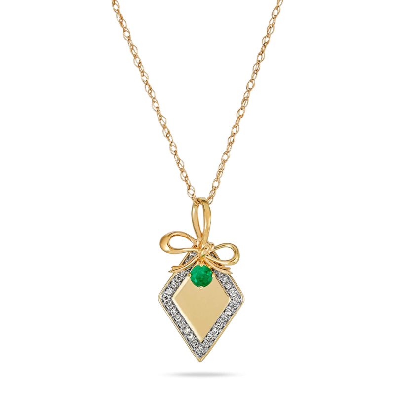 Stone and Strand 10K Yellow Gold Bow Nouveau Diamond and Emerald Tag Necklace Close Up Image