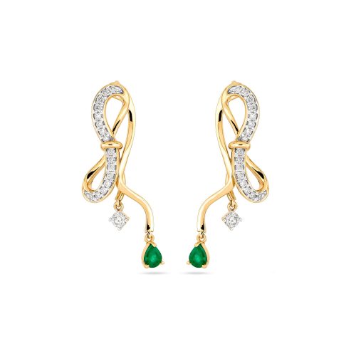 Stone and Strand 14K Yellow Gold Bow Nouveau Diamond and Emerald Gala Earrings Front Image