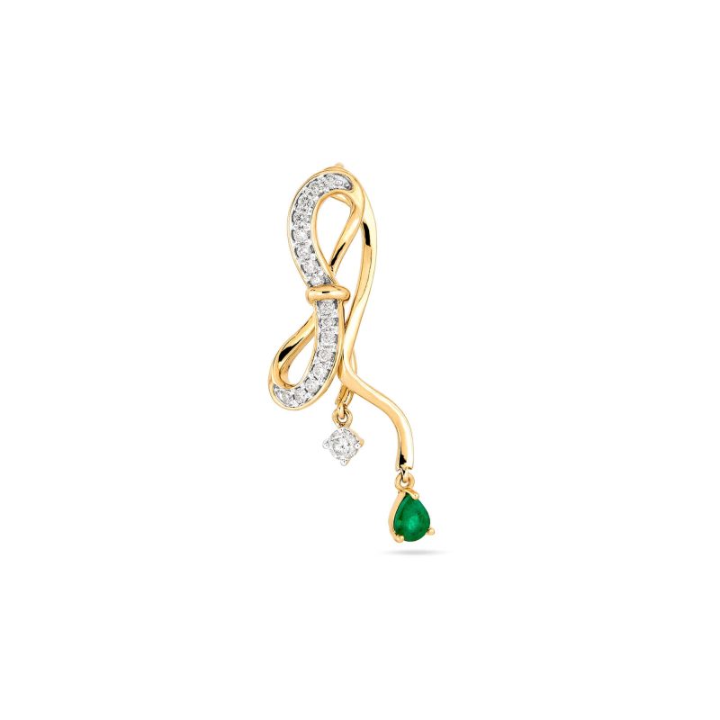 Stone and Strand 14K Yellow Gold Bow Nouveau Diamond and Emerald Gala Earrings Single Front Image