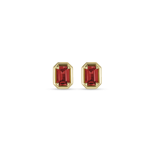 Stone and Strand 14K Yellow Gold Birthstone Emerald Cut Bonbon Studs with Garnet Front Image