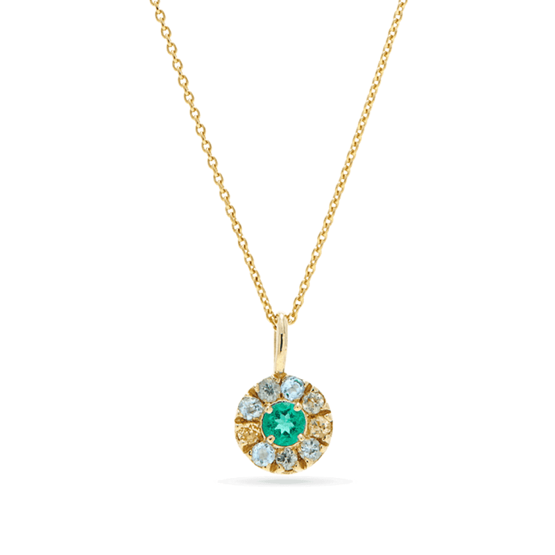 Stone and Strand 10K Yellow Gold Medium Floating Emerald Pendant Necklace Close Up Image