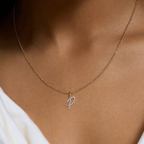 LARGE PAVE SCRIPTED INITIAL CHARM NECKLACE ON BODY