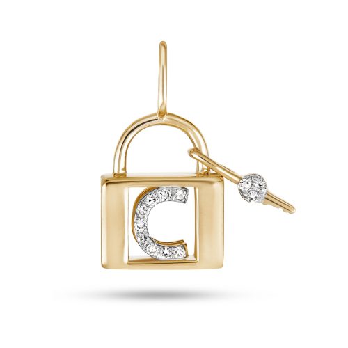 Stone and Strand 14K Yellow Gold Love Lock Diamond Initial Charm Front C Image