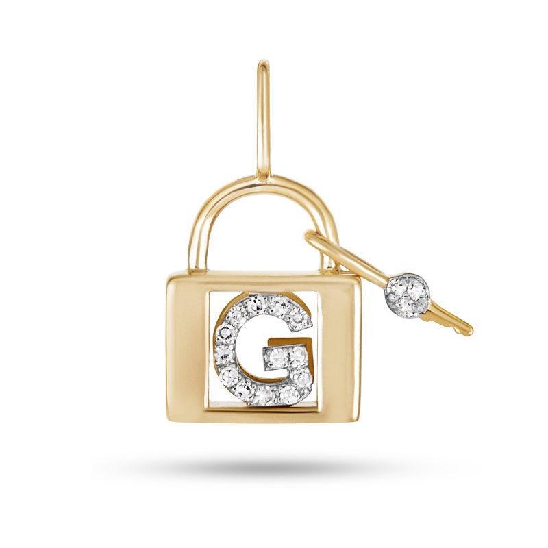 Stone and Strand 14K Yellow Gold Love Lock Diamond Initial Charm Front G Image