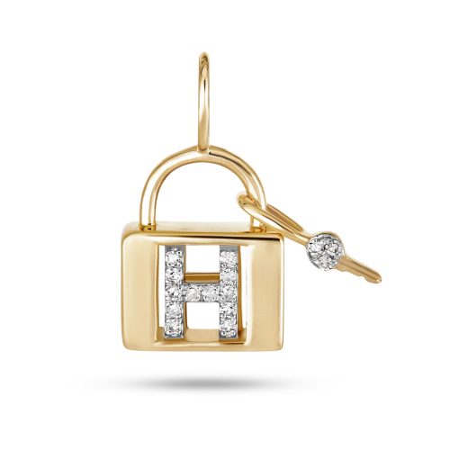 Stone and Strand 14K Yellow Gold Love Lock Diamond Initial Charm Front H Image