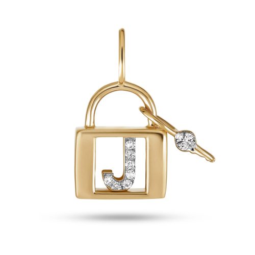 Stone and Strand 14K Yellow Gold Love Lock Diamond Initial Charm Front J Image