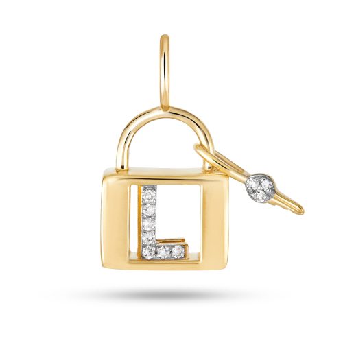 Stone and Strand 14K Yellow Gold Love Lock Diamond Initial Charm Front L Image