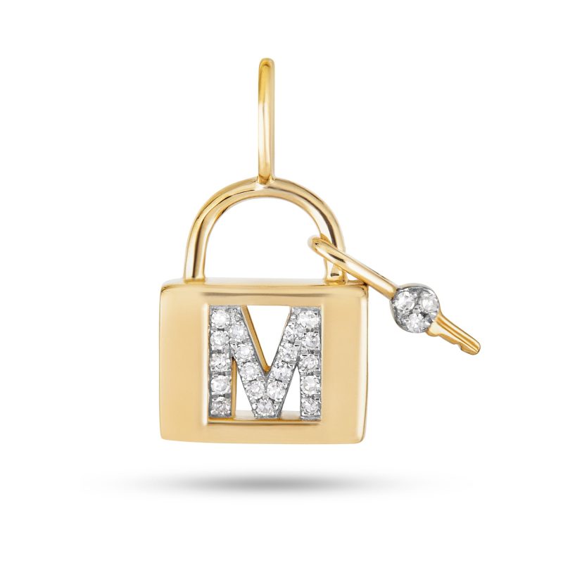 Stone and Strand 14K Yellow Gold Love Lock Diamond Initial Charm Front M Image