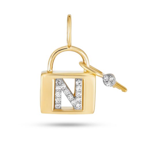 Stone and Strand 14K Yellow Gold Love Lock Diamond Initial Charm Front N Image