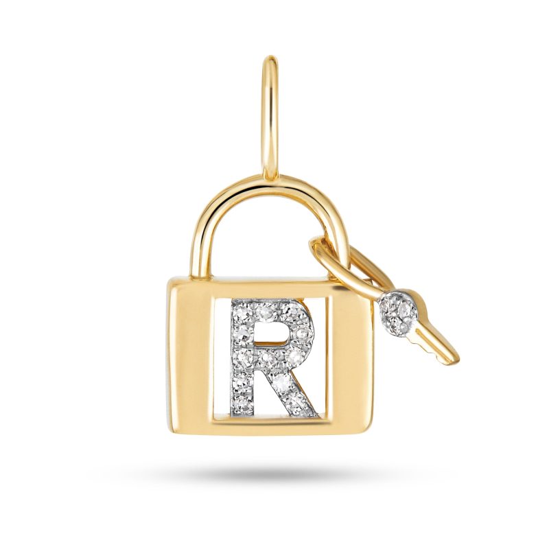 Stone and Strand 14K Yellow Gold Love Lock Diamond Initial Charm Front R Image