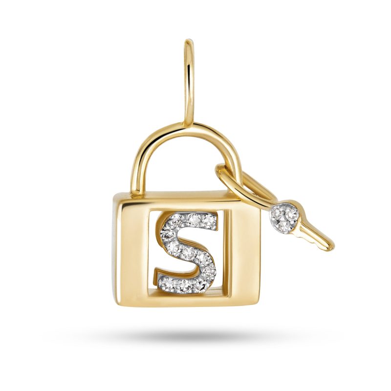 Stone and Strand 14K Yellow Gold Love Lock Diamond Initial Charm Front S Image