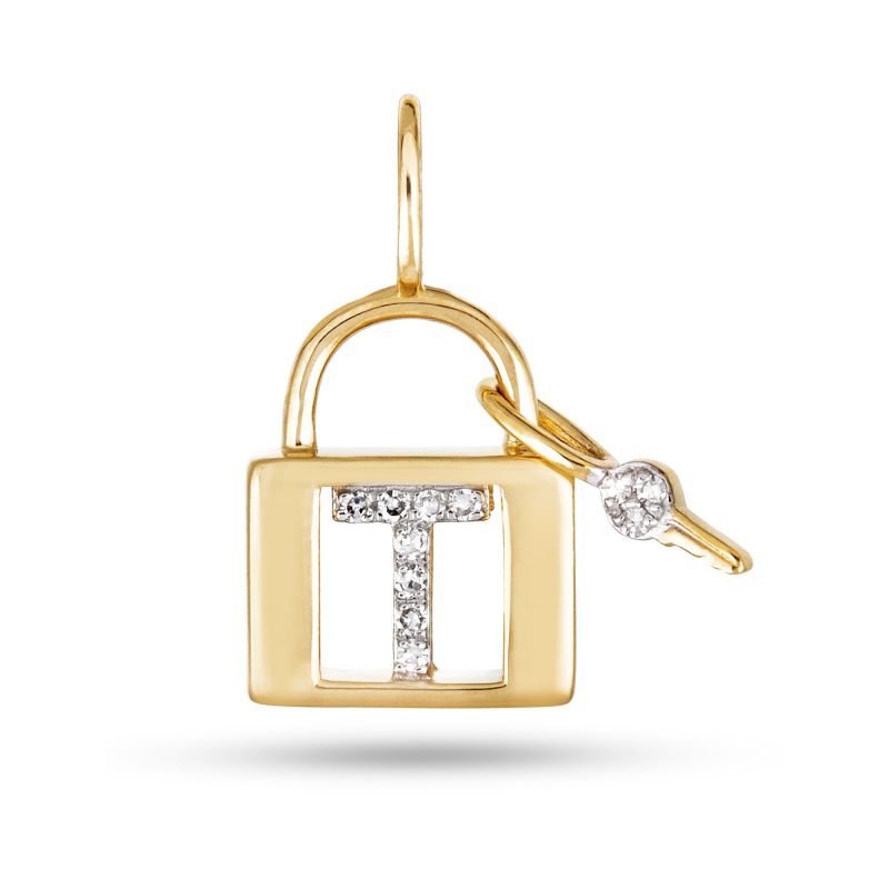 Stone and Strand 14K Yellow Gold Love Lock Diamond Initial Charm Front T Image