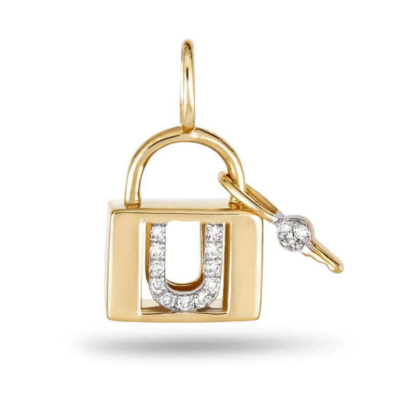 Stone and Strand 14K Yellow Gold Love Lock Diamond Initial Charm Front U Image