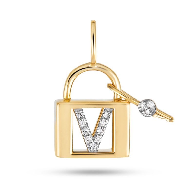 Stone and Strand 14K Yellow Gold Love Lock Diamond Initial Charm Front V Image