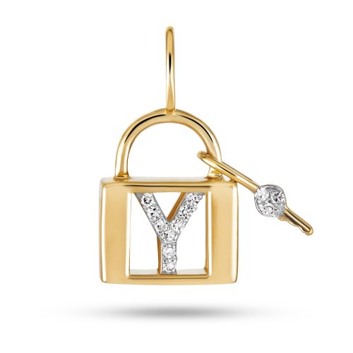 Stone and Strand 14K Yellow Gold Love Lock Diamond Initial Charm Front Y Image