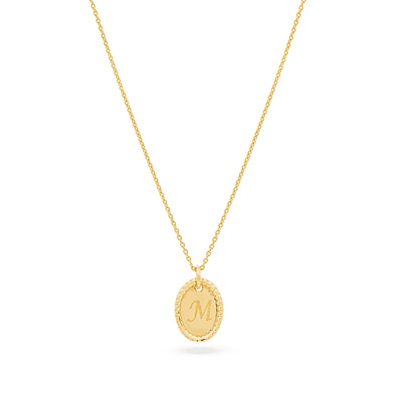 Stone and Strand 10K Yellow Gold Make It Yours Mini Medallion Necklace Close Up Engraved Image