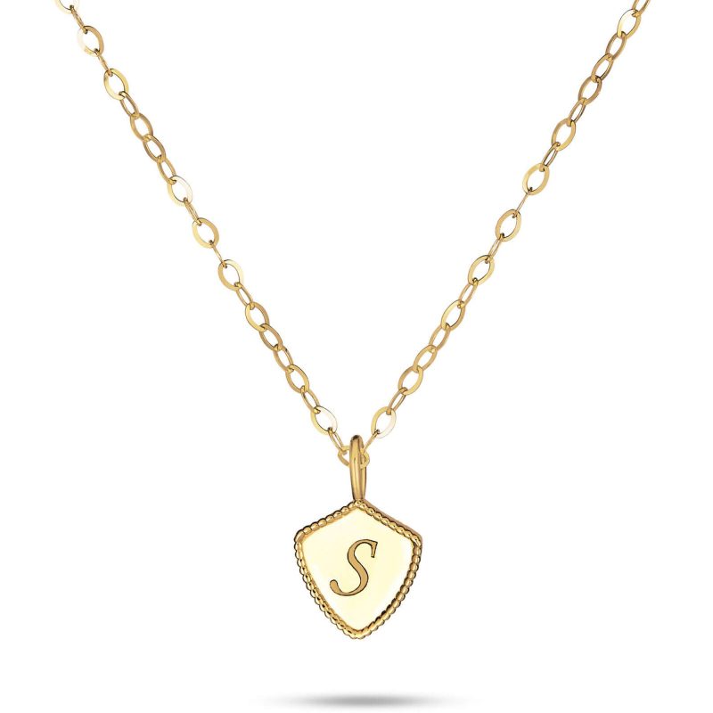 Stone and Strand 10K Yellow Gold Mini Shield Medallion Necklace Close Up Engraved Image