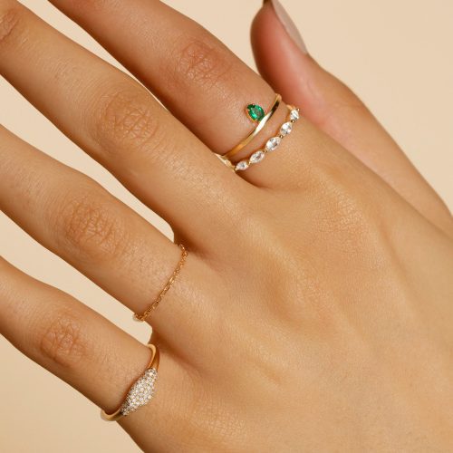 PEAR CUT EMERALD FLAT BAND RING ON BODY