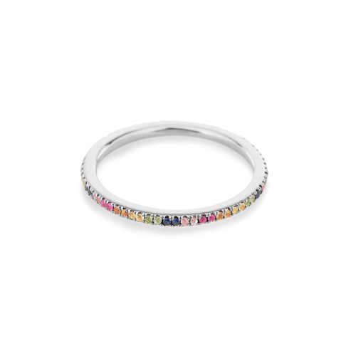 Stone and Strand 10K White Gold Rainbow Sapphire Pave Eternity Band Front Image