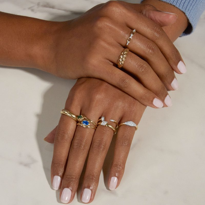 STONE AND STRAND STACKING RINGS ON BODY