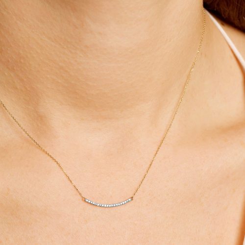 TINY PAVE DIAMOND CURVE BAR NECKLACE ON BODY