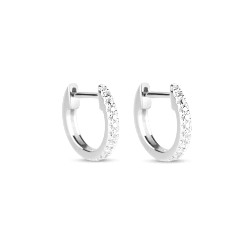 Stone and Strand 10K White Gold Dainty White Diamond Pave Huggie Earrings Side Image