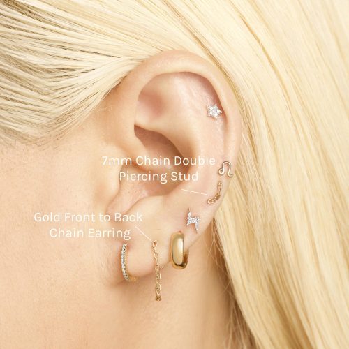 gold front back chain earring onbody